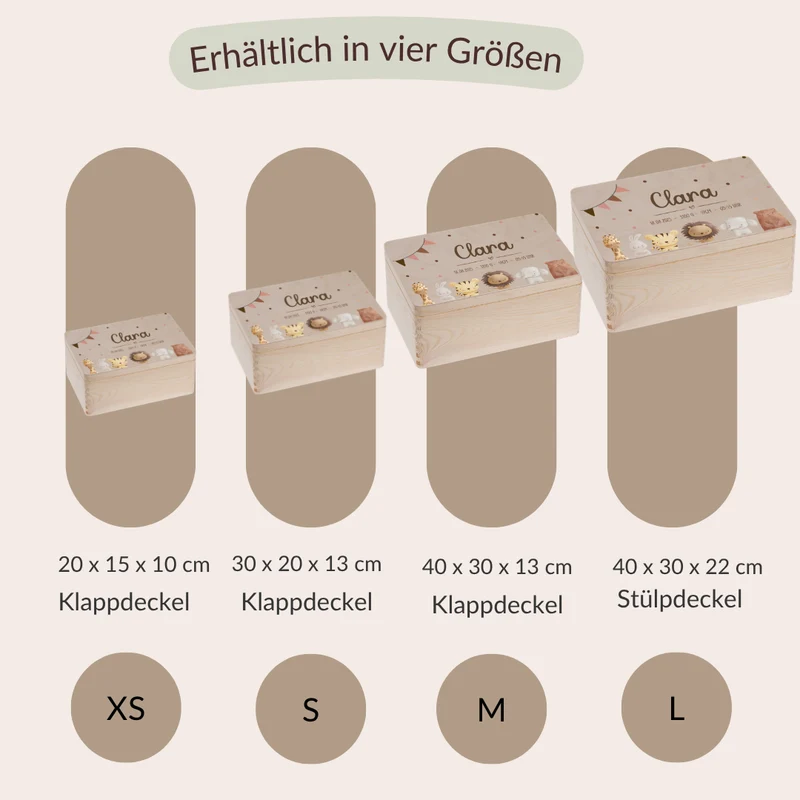 Erinnerungskiste mit Tieren Bär, Hase, Löwe, Elefant und Giraffe