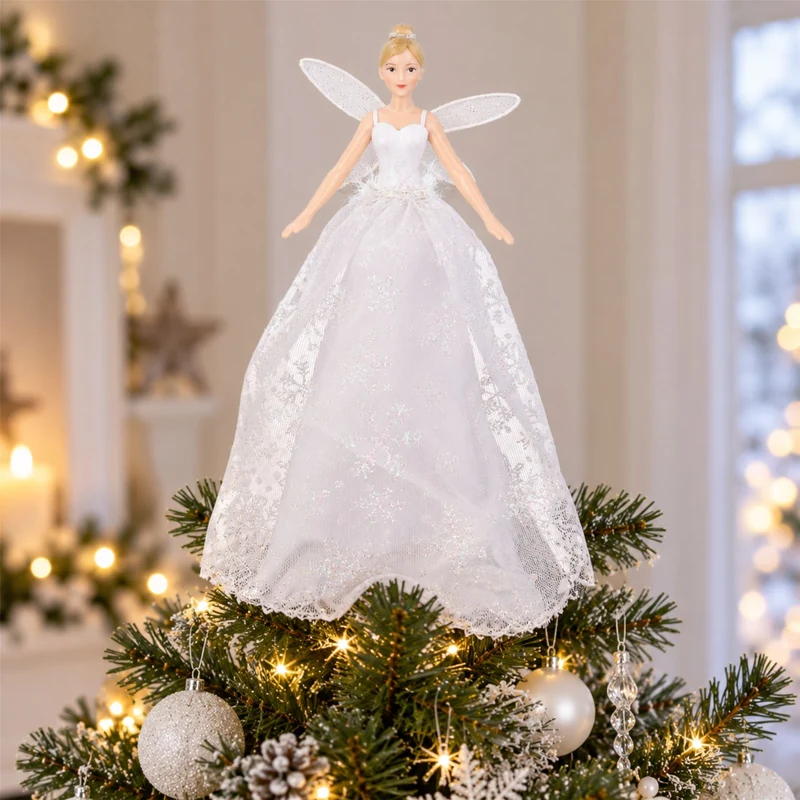 Christmas Tree Fairy Topper, Gisela Graham White Glitter Resin 28cm