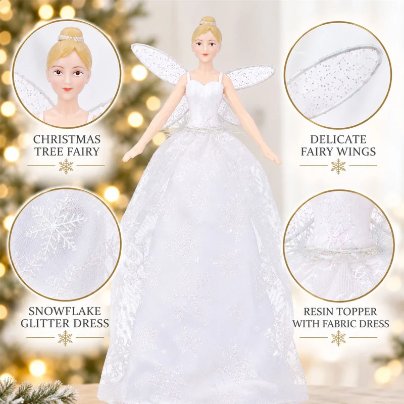 Christmas Tree Fairy Topper, Gisela Graham White Glitter Resin 28cm