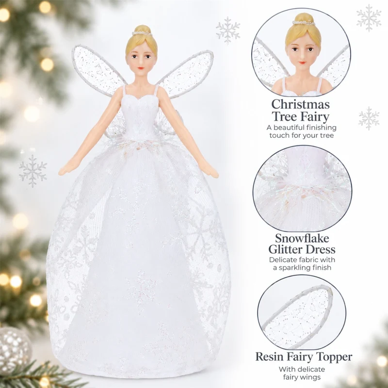 Christmas Tree Fairy Topper, Gisela Graham White Snowflake Glitter Resin 19cm
