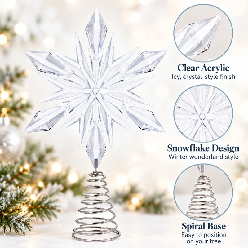 Clear Acrylic Star Christmas Tree Topper, Gisela Graham Snowflake 33cm
