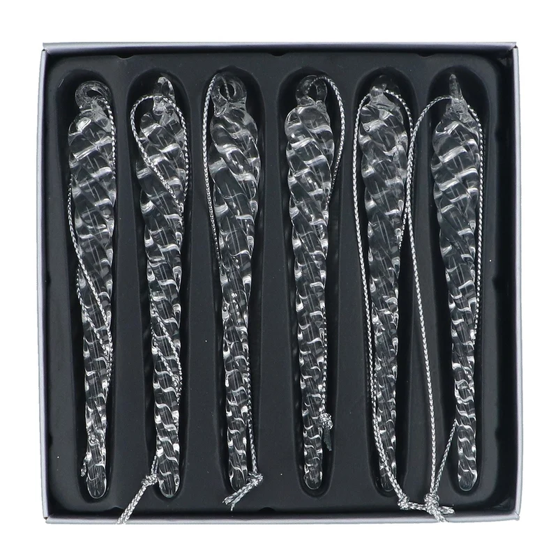 Set of 6 Glass Icicle Christmas Tree Decorations, Gisela Graham Clear Twists