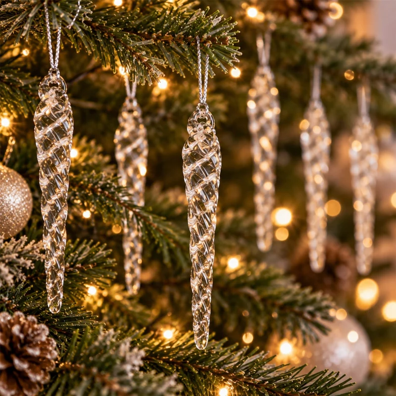 Set of 6 Glass Icicle Christmas Tree Decorations, Gisela Graham Clear Twists