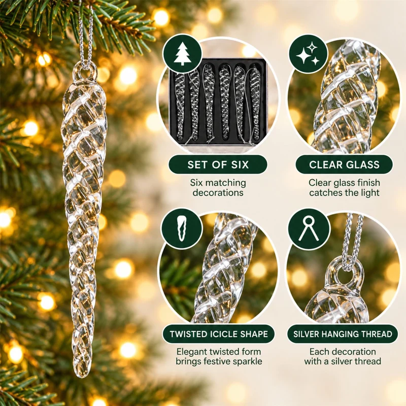 Set of 6 Glass Icicle Christmas Tree Decorations, Gisela Graham Clear Twists