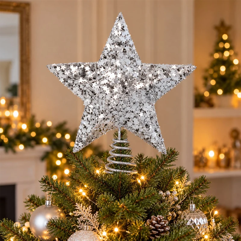 Silver Star Confetti Christmas Tree Topper, Gisela Graham Glitter Star 29cm