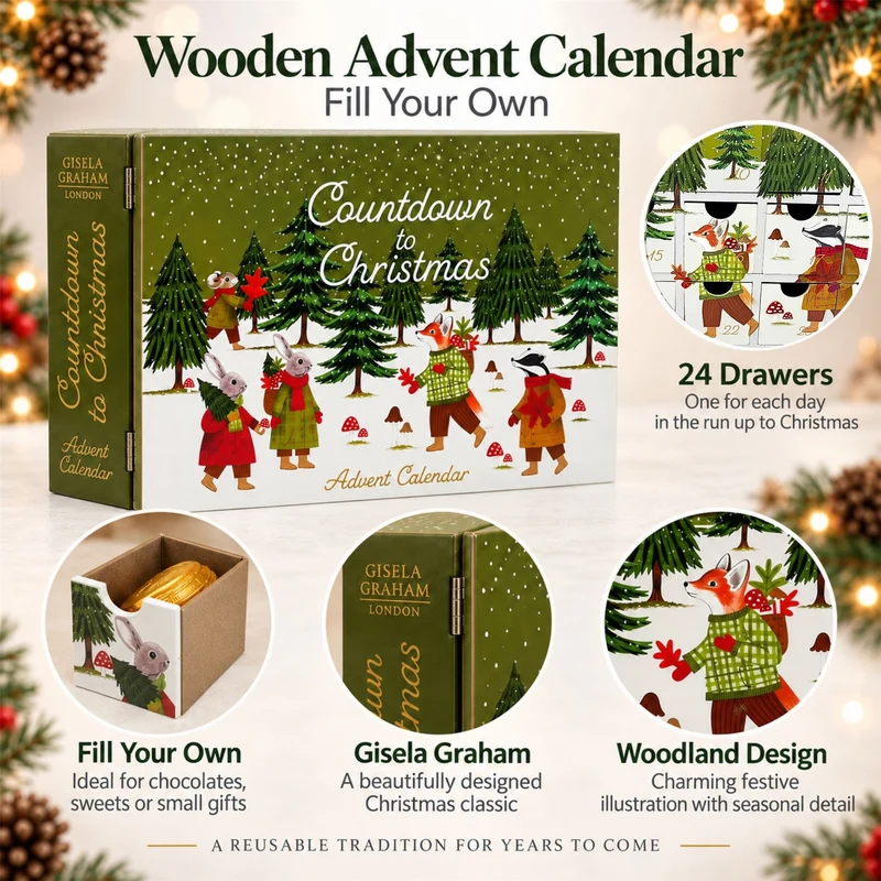 Wooden Fill Your Own Advent Calendar, 24 Drawer Book Style, Woodland Animals