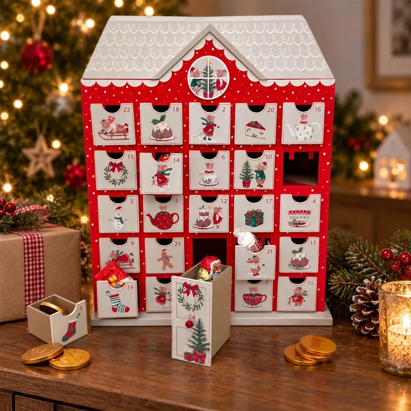 Wooden Fill Your Own Advent Calendar, Holly & Alfie Mice, House Shaped