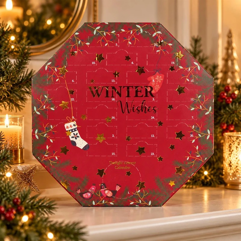 Tealight Candle Christmas Advent Calendar, 24 Tealights with Glass Holder