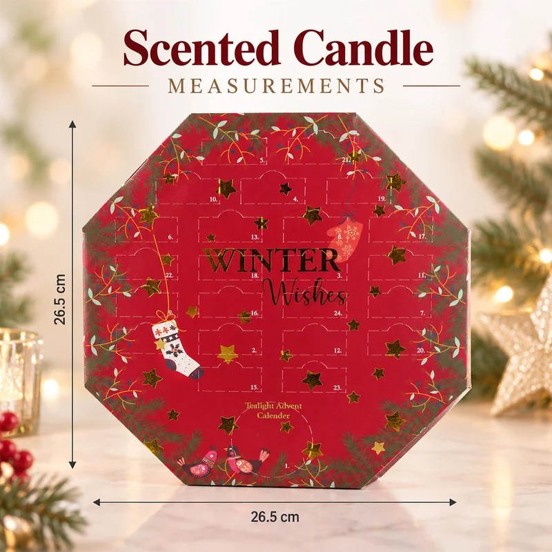 Tealight Candle Christmas Advent Calendar, 24 Tealights with Glass Holder