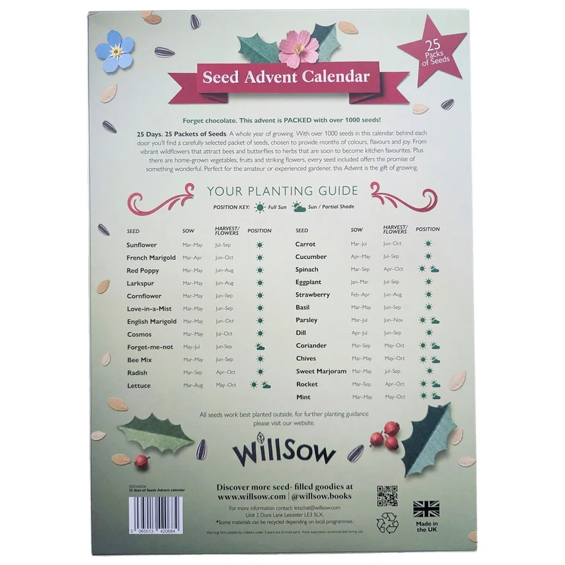 Seed Christmas Advent Calendar, 25 Flower Vegetable Fruit & Herb Seed Packets