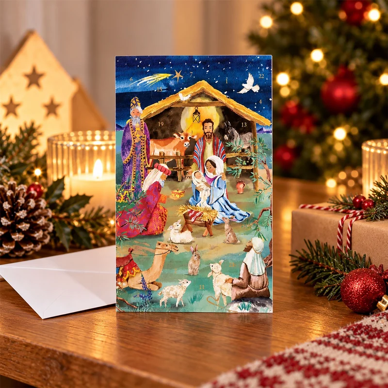 Nativity Advent Calendar Card, 24 Door Christmas Greetings Card