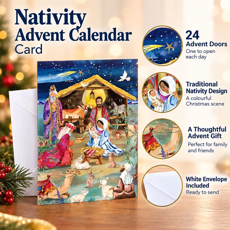 Nativity Advent Calendar Card, 24 Door Christmas Greetings Card
