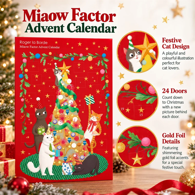 Miaow Factor Christmas Advent Calendar, 42cm Cat Advent Calendar with Gold Foil