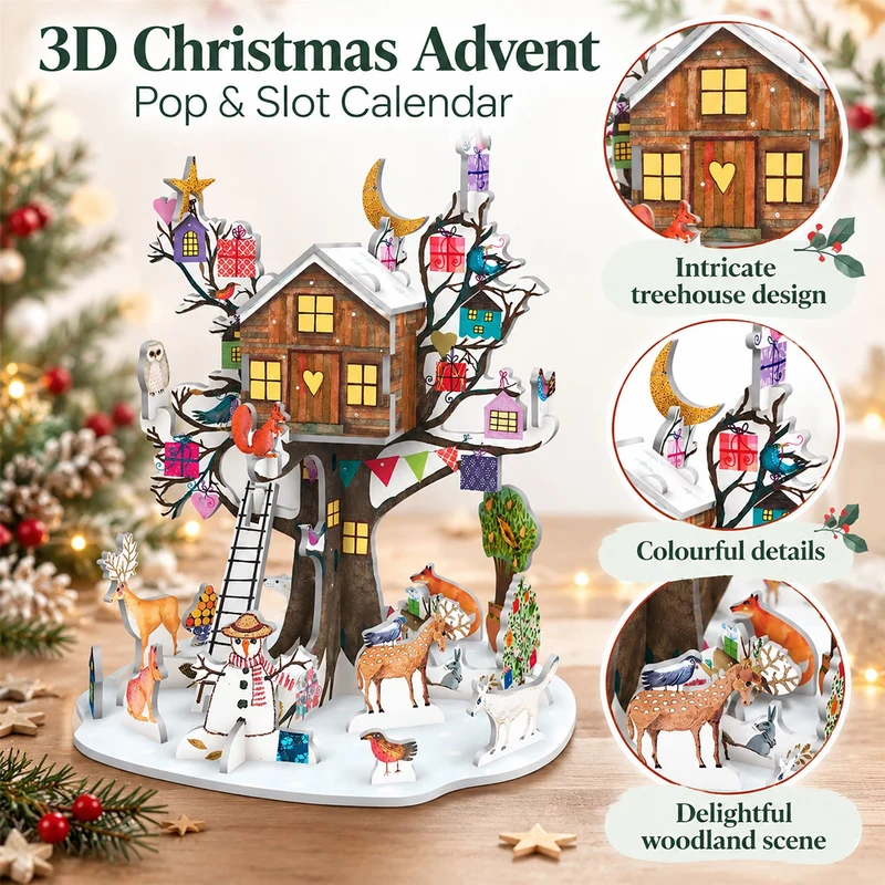 3D Petite Christmas Tree House Advent Calendar, Pop & Slot Woodland Scene