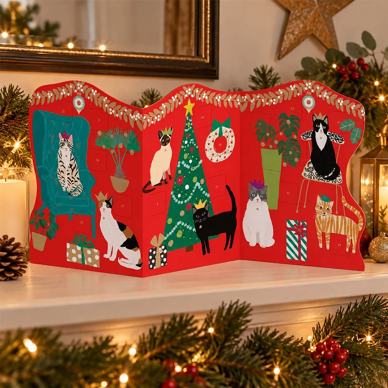 Cosy Cats Trifold Christmas Advent Calendar, Freestanding 24 Door Design