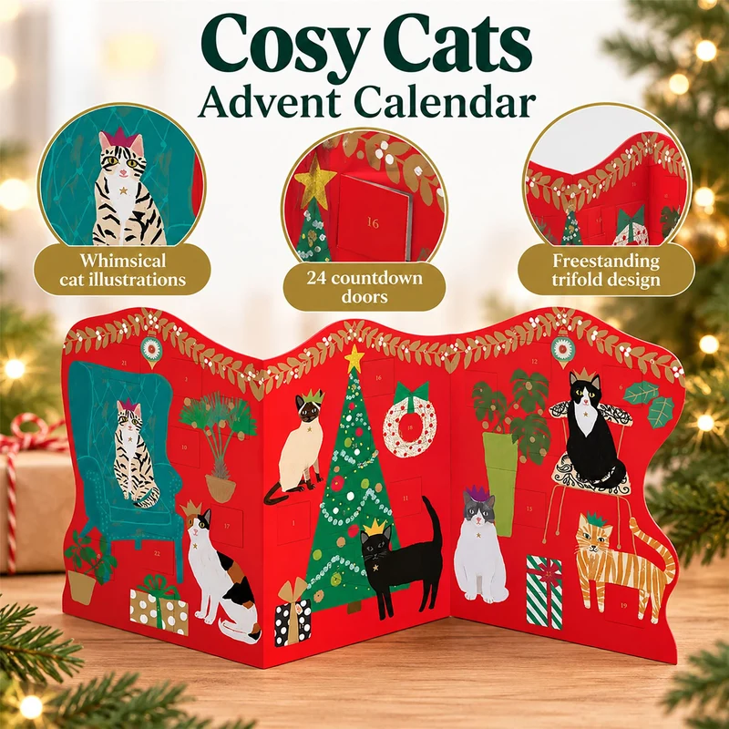 Cosy Cats Trifold Christmas Advent Calendar, Freestanding 24 Door Design