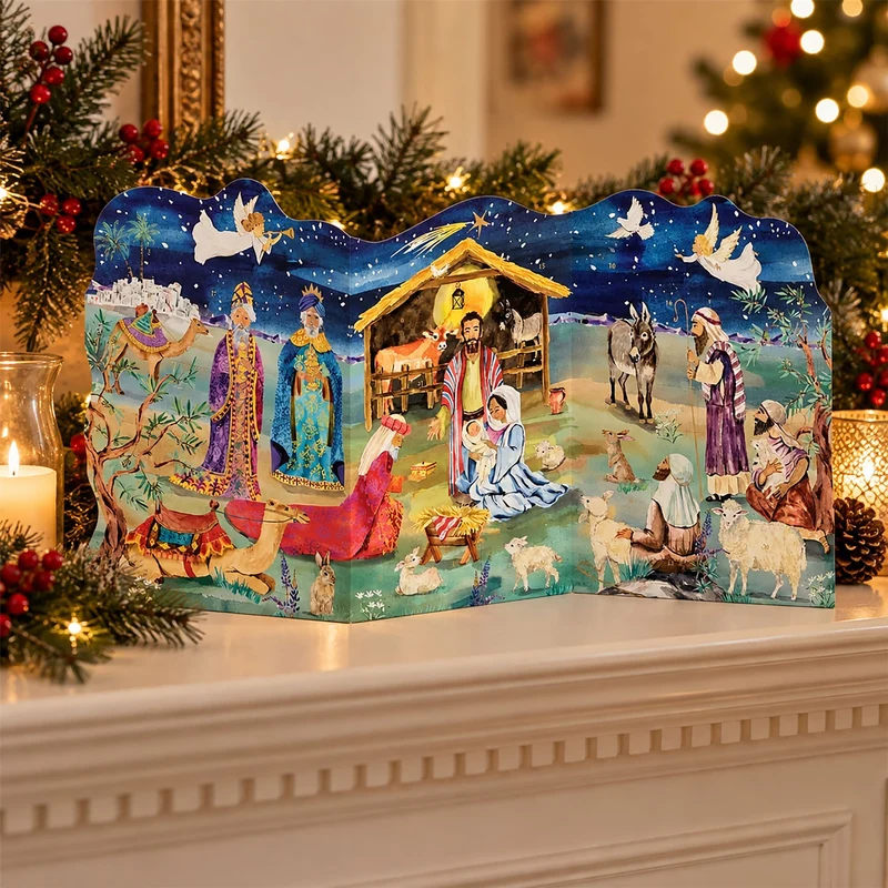 Nativity Advent Calendar, 22.5cm Freestanding Christmas Story Trifold Calendar