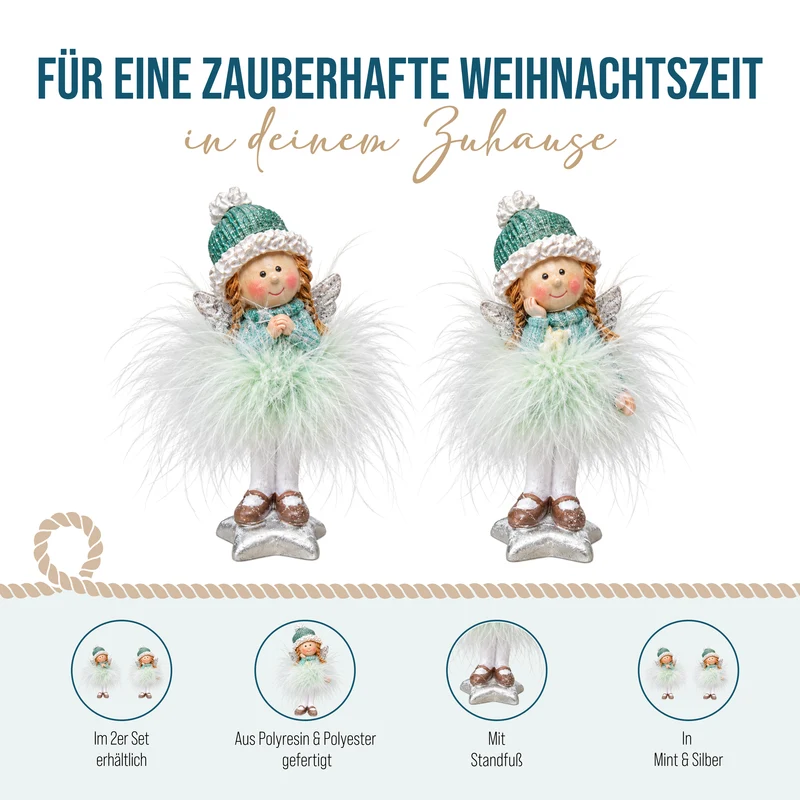 Engel Figuren 2er Set – 10 cm in Mint und Silber mit Federrock