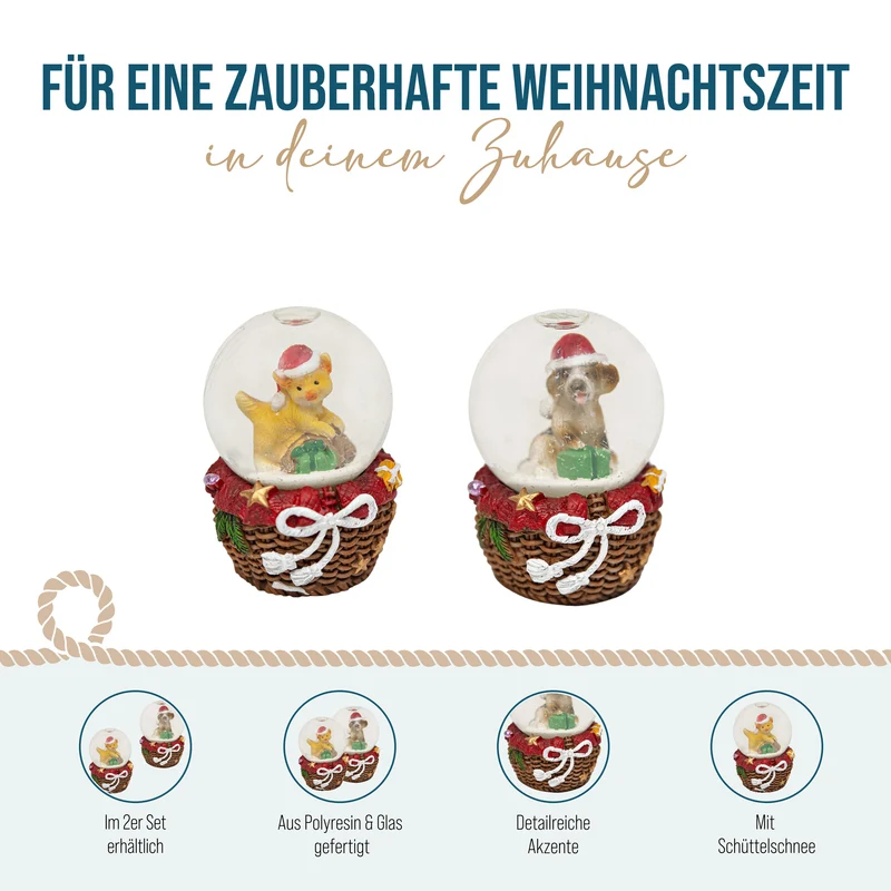 Schneekugeln Hund und Katze 2er Set – 6 cm mit Sockel in Korboptik