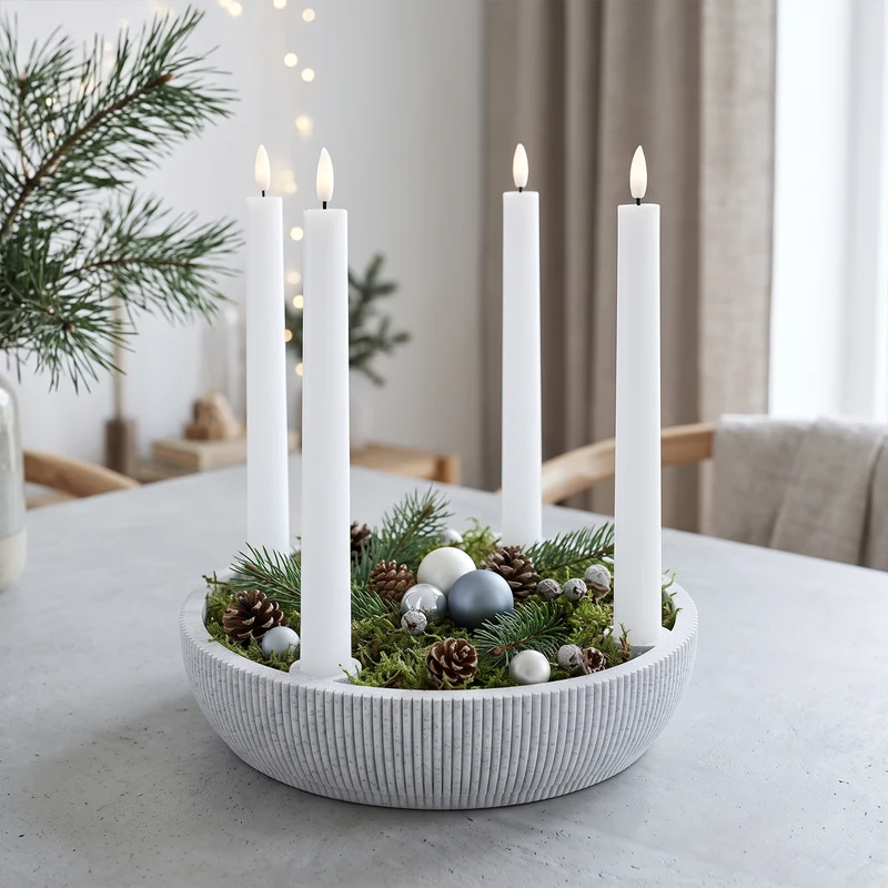 Adventsschale Skandi Adventskranz modern Dekoschale Kerzenhalter LED Weihnachtsdeko Sprenkel-Optik