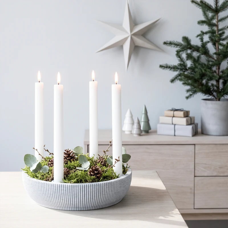Adventsschale Skandi Adventskranz modern Dekoschale Kerzenhalter LED Weihnachtsdeko Sprenkel-Optik