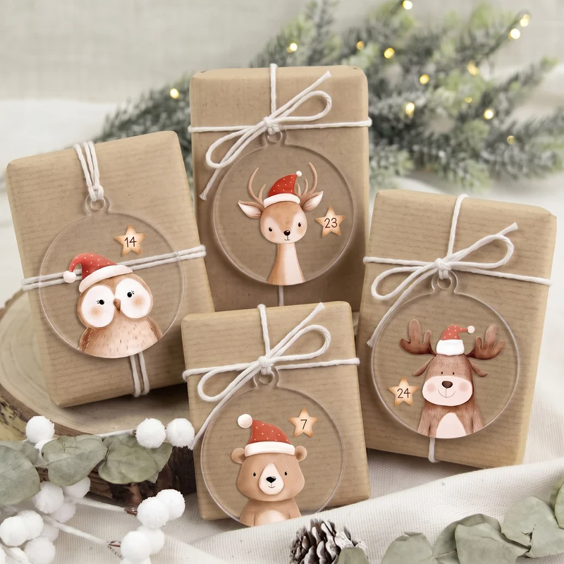 24 Adventskalender Anhänger aus transparentem Acryl 1-24 Holzanhänger DIY Adventskalender Selbst Befüllen für Kinder – Tierzauber