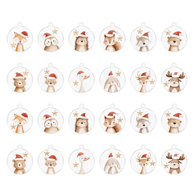 24 Adventskalender Anhänger aus transparentem Acryl 1-24 Holzanhänger DIY Adventskalender Selbst Befüllen für Kinder – Tierzauber