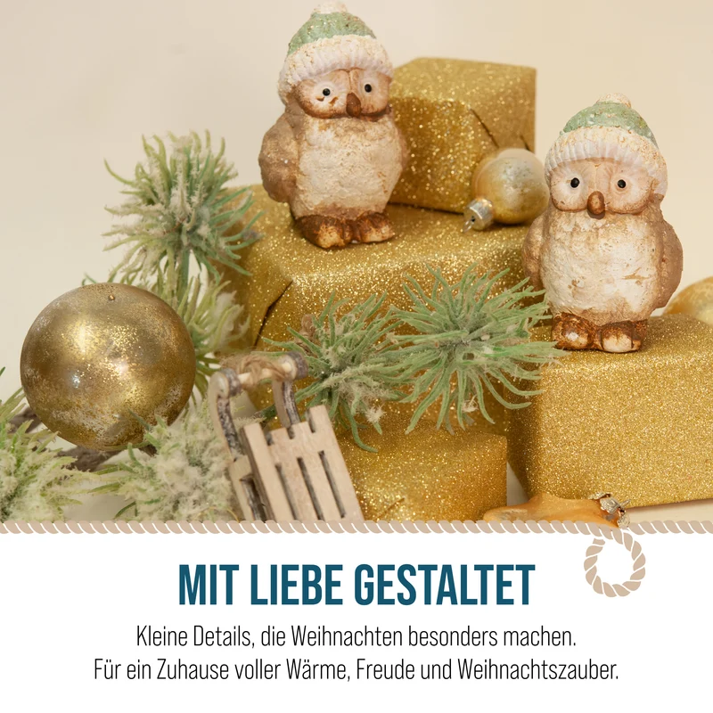 2er Set Winter Eulen mit Strickmütze aus Ton 8 cm - Dekofiguren