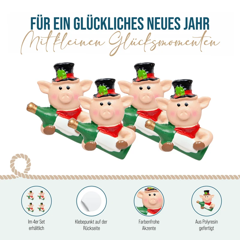 Glücksschwein mit Sektglas 4er Set selbstklebend 4 cm - Glücksbringer
