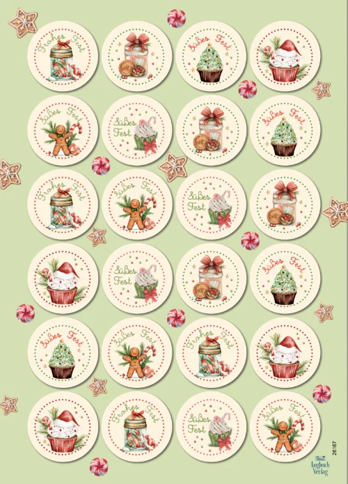 Weihnachtsaufkleber Candy Christmas Gruen, 24er Set, Ø 4 cm