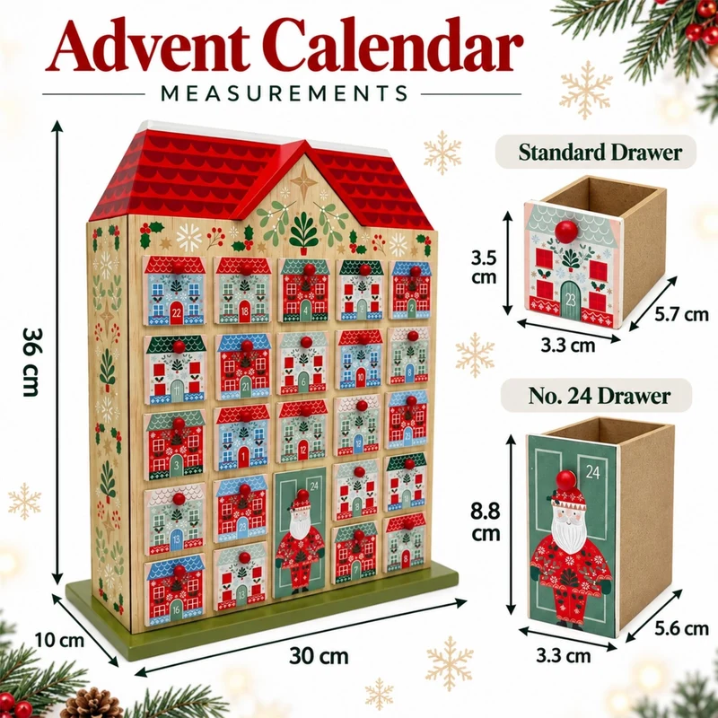 Gisela Graham Reusable Wooden Advent Calendar, 24 Drawer Alpine Christmas House