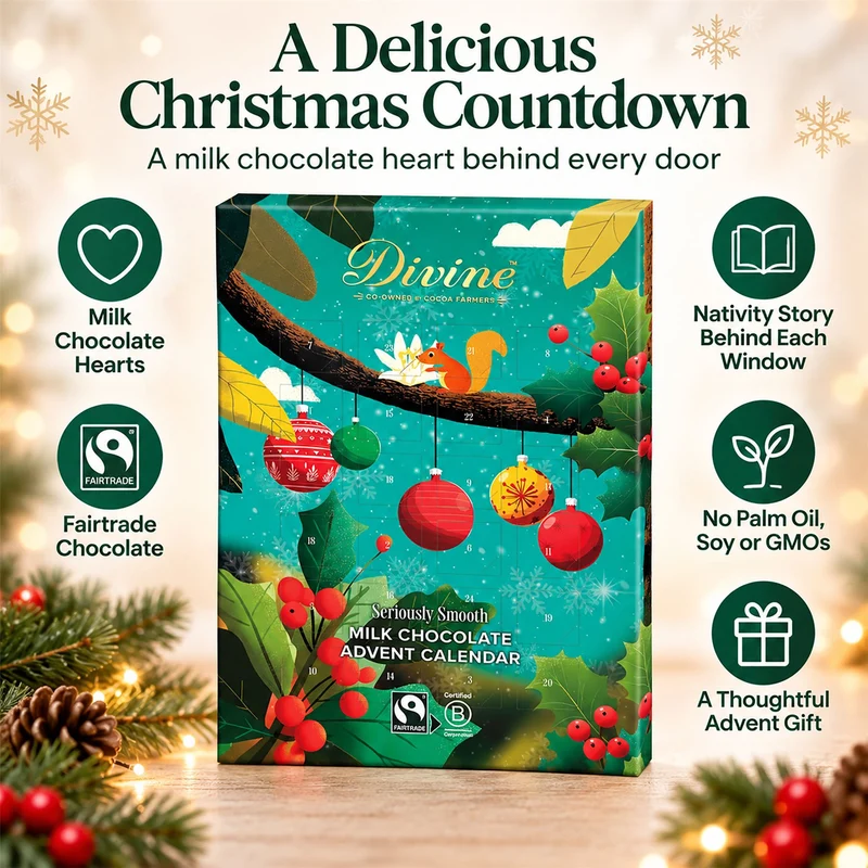 Divine Milk Chocolate Christmas Advent Calendar, Fairtrade Cocoa & Hearts