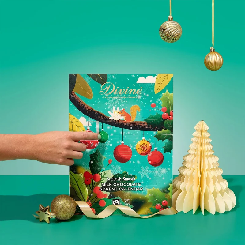 Divine Milk Chocolate Christmas Advent Calendar, Fairtrade Cocoa & Hearts