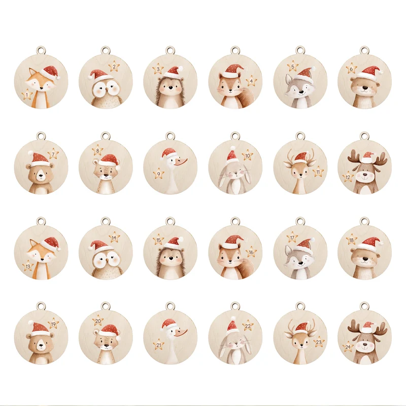 24 Adventskalender Anhänger aus Holz 1-24 Holzanhänger DIY Adventskalender Selbst Befüllen für Kinder – Tierzauber