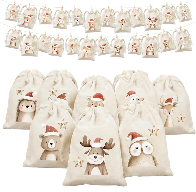 Adventskalender zum Befüllen Säckchen aus Stoff 1-24 Weihnachtskalender zum Aufhängen Tierzauber