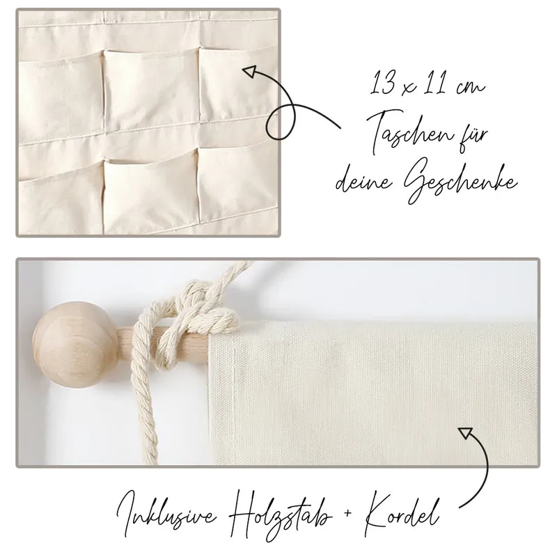 Adventskalender zum Befüllen Wandkalender aus Stoff zum Aufhängen personalisierbar mit Wunschname XXL Boho Weihnachtshäuser