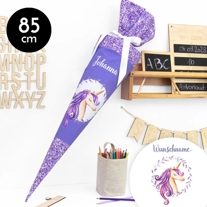 Schultüte aus Stoff mit Wunschname - Glitzereinhorn - 85 cm