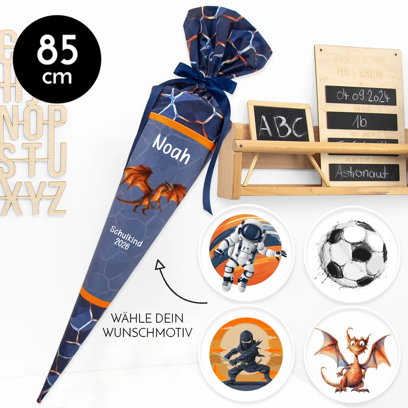 Deine Schultüte aus Stoff mit Wunschname - Jungs Modell 17 - 85 cm