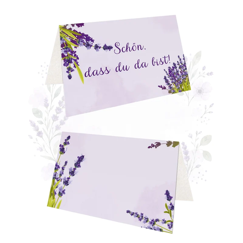 Tischkarten 25 Stück mit Lavendel in Flieder, Schön dass du da bist, 8,5 × 5,5 cm