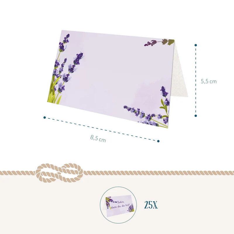 Tischkarten 25 Stück mit Lavendel in Flieder, Schön dass du da bist, 8,5 × 5,5 cm