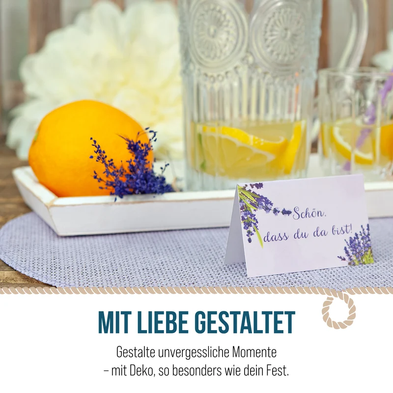 Tischkarten 25 Stück mit Lavendel in Flieder, Schön dass du da bist, 8,5 × 5,5 cm