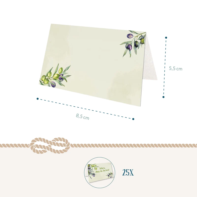 Tischkarten 25 Stück mit Olivenzweigen, Schön dass du da bist, 8,5 × 5,5 cm