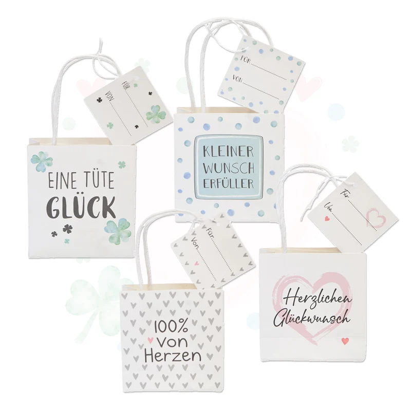 Geschenktüten 4er Set aus Papier mit Anhänger - vier Motive