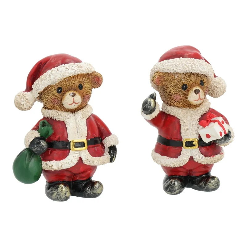 2er Set Baeren mit Weihnachtsmuetze aus Polyresin, rot, 5x7x4 cm