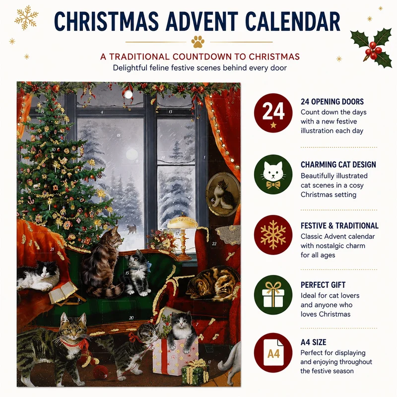 Cats at the Window Christmas Advent Calendar, A4 Traditional Picture Calendar