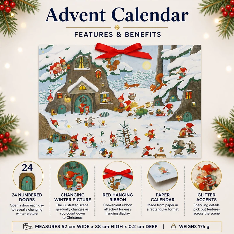 Large Picture Advent Calendar, Gnome Woodland Christmas Design 52cm
