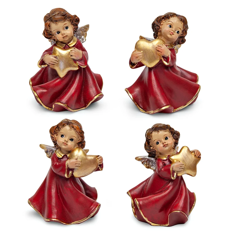 4er Set Weihnachtsengel Figuren aus Polyresin, Rot-Gold, ca. 7 cm