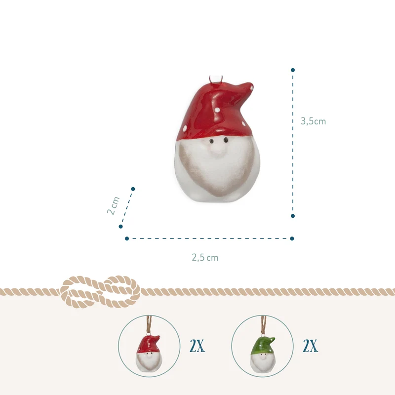 Porzellan-Weihnachtswichtel Anhänger, Rot/Grün, ca. 3,5 cm, 4er-Set