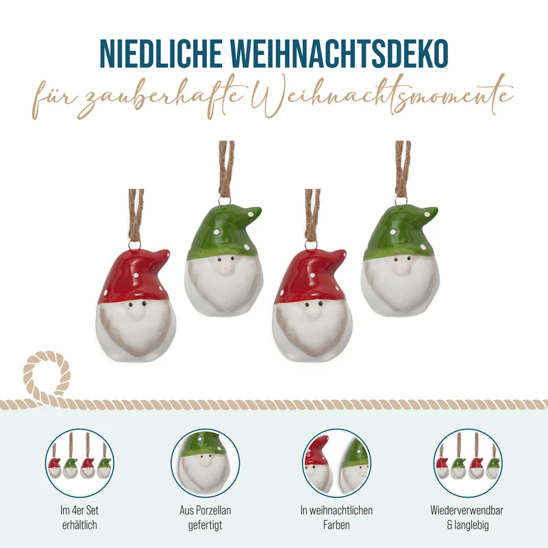 Porzellan-Weihnachtswichtel Anhänger, Rot/Grün, ca. 3,5 cm, 4er-Set