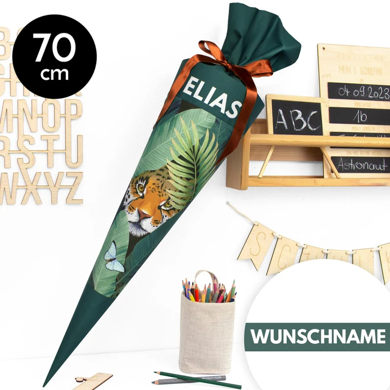 Schultüte aus Stoff mit Wunschname - Dschungeltiger - 70 cm